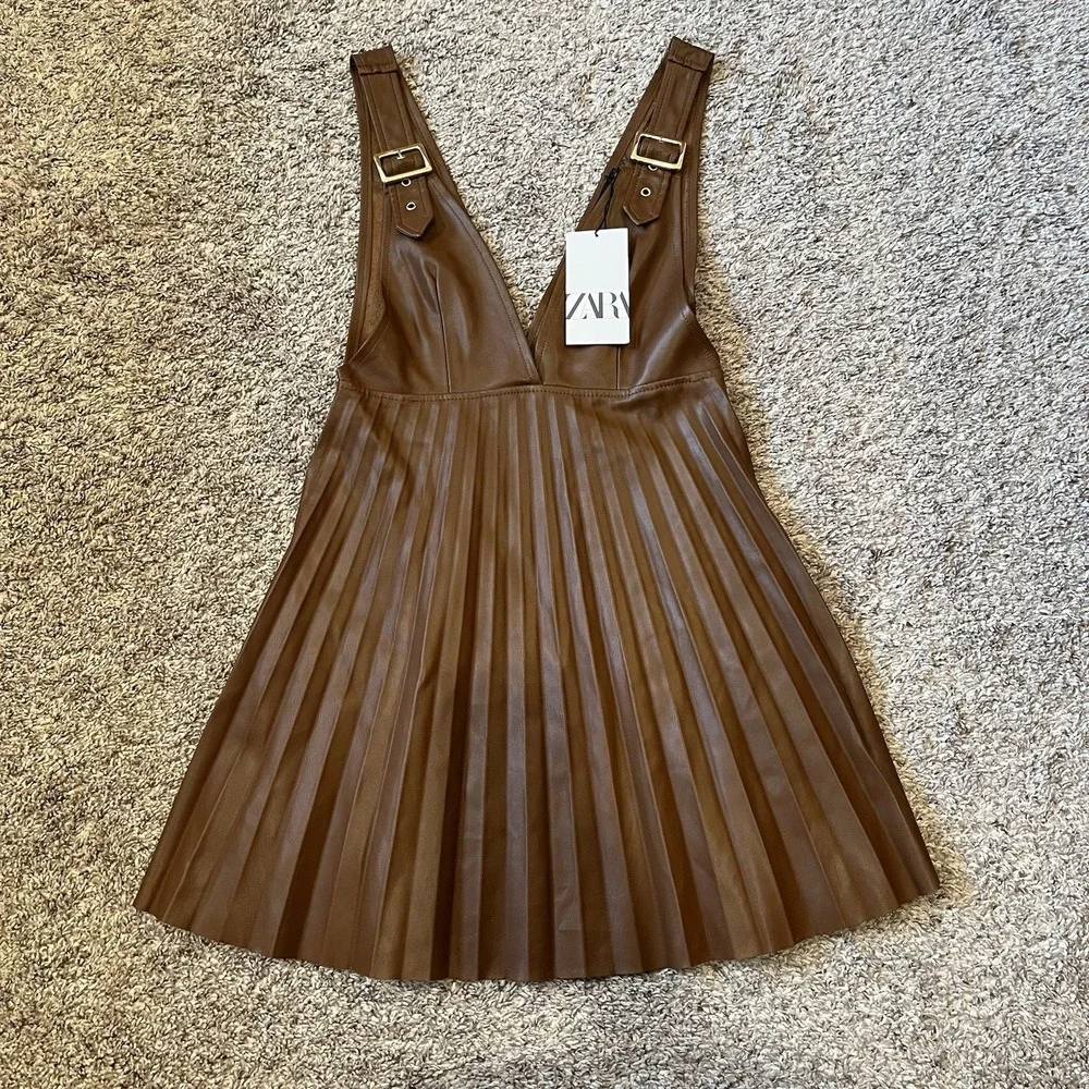 Zara Brown Faux Leather Pleated Strapless Pinafore Dress